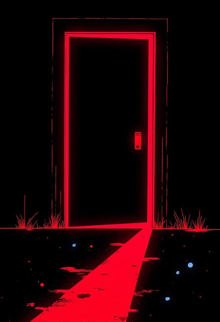 Minimalist horror surrealism, a dark, open door outlined in glowing crimson red, blood splatters seeping from its edges, a single sharp red beam extending onto the floor, deep shadows, and a vast black void. Two small blue dots, giving an eerie, otherworldly feel. High contrast lighting, sharp edges, a cinematic and unsettling atmosphere. nistyle