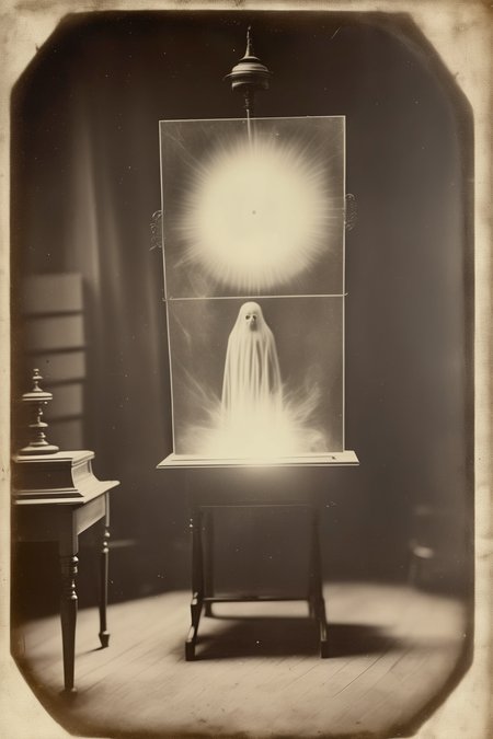 <lora:Albumen Print:1>Albumen Print - a smoky ghost appears on the center.An spiritist session from xix century upon a solar panel. a ghost appears in the center of the panel. Vintage platinotype