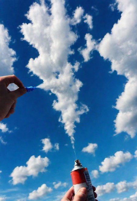F-B-C, POV, foreground: a hand holding a spray   , background: clouds in blue sky , effect: the hand is spraying clouds