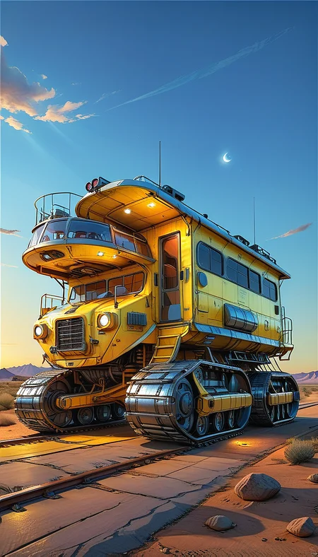 (cel-shading:2)+, (in ARTIST style:1.6), (masterpiece:1.7),  night, glow neon,
hyperrealism, glossy, shinny, clear image, accurate picture, clear picture, precise image, focused image, Science fiction style, Science fiction,
(ground vehicle, motor vehicle, sky, no humans, cloud, outdoors, vehicle focus, train, truck, scenery, day, military, Tracked Vehicle, Traction City, yellow paint, house)
night, glow neon,
(masterpiece:1.8), (highest detailed:1.8), perfectly lighted, (contrast), (saturated), (((sharp focus))),
(hyperdetailed:1.3), (intricate details:1.2), (Refined details:1.3), (best quality:1.5), highly detailed textures, vibrant colors,
(ultra sharp focus:1.8), (detailed texture:1.8), (detailed edges:1.8), (thin lines:1.8), (best quality:1.8),
<lora:Apparatus_-_Traction_City_Walkers_Vehicles:0.8>,