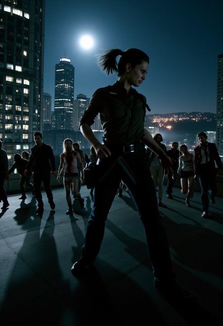 Jill Valentine stands on the rooftop of a towering skyscraper at night, her posture alert and ready for action. The city skyline is visible in the background, bathed in the glow of moonlight and distant fires. Around her, an ominous horde of the infected shuffles closer, their grotesque figures casting long shadows on the concrete. Jill's determined gaze and battle-worn uniform contrast the chaos, her weapon gripped tightly as she prepares to face the overwhelming danger. Wind sweeps through, adding a sense of urgency to the scene.