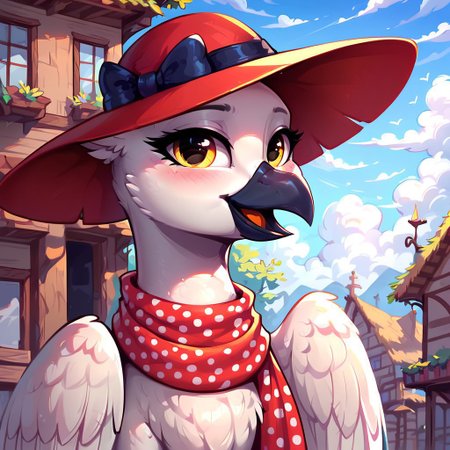masterpiece, score_9, score_8_up, score_7_up, (best quality:1.1), ultra-detailed, high resolution, solo, Princess Lycklig,  griffon, avian, feral, female, (((beautiful detailed yellow eyes))), black beak, white feathers, black talons, wings, (vintage wide brim red hat), (scarf with polka dots), highly detailed macro illustration, smiling, blushing, mlp, outside, Highly Visible, (((8k))), sharp focus, perfect lighting, anatomically correct, extremely detailed, shine on body, (Pony town), high detail, cute face, Expressiveh, detailed background, OverallDetail, zPDXL2,