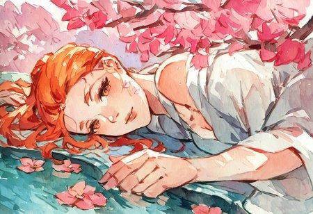 score_9, score_8_up, score_7_up, score_6_up, watercolor painting, japanese calligraphy, 1woman, human Japanese woman laying down, orange hair, flowers, sakura tree, pink leaves, pond