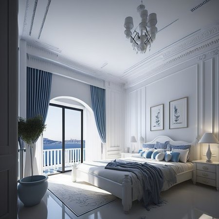 <lyco:Greek_style_interior_design_Sa_May:1.0>  Greek style interior design of bedroom