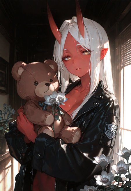 masterpiece, best quality, good quality, newest, highres, absurdres, volumetric lighting,gradient color,
BREAK 
raytracing, volumetric lighting, ambient occlusion, girl, background, masterpiece, best quality, very awa, absurdres, 
BREAK
Aka-Oni, oni, colored skin, (red skin:1.3), straight horns, solo, long hair, model style, 
BREAK
masterpiece,amazing quality,best quality,ultra-detailed,8K,illustration,CG,shiny hair,clear skin,ultra-detailed-eyes, background,cute girl, eyelashes
BREAK,
collarbone, hair intakes, long hair, parted bangs, black jacket, open jacket, jacket, three-quarter sleeves, holding, holding stuffed toy, looking at viewer, parted lips, day, flower, grey flower, plant, stuffed animal, stuffed toy, teddy bear, Cinematic Lighting