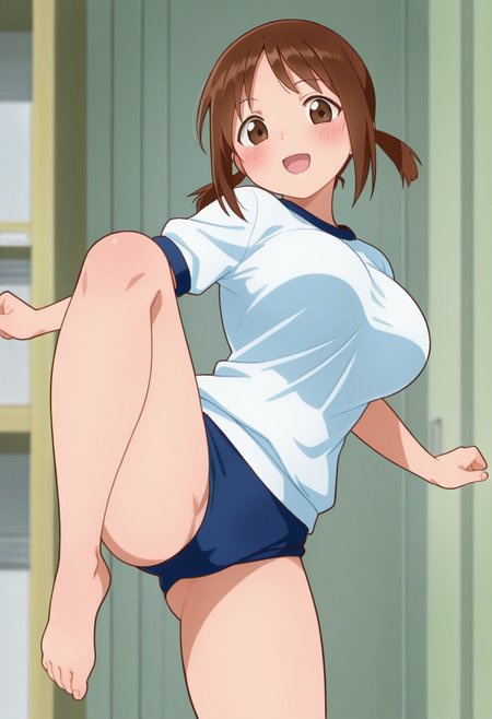 hinako_(issho_ni_training), brown hair, brown eyes, short hair, large breasts,
twintails, gym uniform, blue buruma, barefoot,
<lora:hinako_(issho_ni_training)_Noob-XL-Eps-1.1-v1:1>,, masterpiece,best quality,newest,absurdres,highres,very awa,, standing, (dynamic pose) , blush,
looking at viewer,cowboy shot,open mouth,light smile, 
(indoors, )
