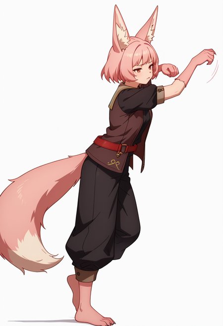 Smooth Quality,masterpiece,very intricate, high quality details, ultra realistic, high detailed skin,detailed enviorement,absurdres,
simple background, white background, dancing, solo,from side,
 <lora:Til_CNR:0.8> til_cnr, 1girl,pink hair, short hair, bangs, red eyes, animal ears, fox ears, animal ear fluff, fox tail, furry female, animal hands, claws, black shirt,open jacket,puffy short sleeves,black pants, belt,barefoot,, disappointed,, xd,