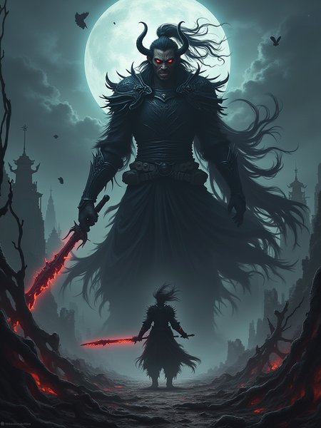 Concept for a Dramatic Image: "Dark Themed Poster for Black Myth: Wukong"

Character Choice: Depict Wukong from Black Myth: Wukong in a dark, mythological style. Emphasize his imposing, otherworldly presence in a shadowy, cursed landscape.

Composition:

Heroic Angle: Utilize a low-angle view to enhance Wukong’s towering, formidable presence, making him appear like a dark, mythical force.

Facial Features:

Dark, Intense Expression: Wukong’s eyes should glow with a dark red or sinister aura. His expression should convey a fierce, menacing demeanor with sharp, otherworldly teeth visible.
Shadowy Hair and Armor: His hair should be wild and shadowy, entwined with dark mist. His armor should look rugged and dark, with a corrupted, battle-worn appearance.
Dynamic Pose:

Weapon: Wukong’s Ruyi Jingu Bang should appear dark and twisted, emanating an ominous glow. Capture him mid-action or in a powerful stance to emphasize his dark powers.
Energy Effects: Surround him with swirling shadows and dark energy effects to highlight his cursed abilities and the dark nature of his realm.
Cursed Realm Setting:

Background: Create a dark, twisted landscape with eerie ruins and shadowy structures. Add elements like gnarled trees, broken statues, and swirling mist to evoke a sense of desolation.

Gloomy Atmosphere: The sky should be covered in dark, swirling clouds with occasional flashes of dark lightning, enhancing the apocalyptic feel.

Desolation: Include details of destruction, such as crumbling buildings and scattered debris, to underscore the cursed nature of the environment.

Dark Elements:

Shadow and Energy Effects: Use dynamic, swirling shadows and dark energy effects around Wukong to enhance his dark, mythical power. Incorporate dark red or purple lighting for dramatic contrast.

Dim Lighting: Employ minimal, moody lighting with stark contrasts to emphasize Wukong’s dark features and the ominous setting.

Supporting Figures:

Shadowy Adversaries: Include dark, fearsome creatures or corrupted entities in the background, partially obscured to amplify the sense of dread and mystery.

Interactions: Show some of these creatures reacting to Wukong’s presence or engaged in dark rituals to heighten the scene’s intensity.

Overall Mood:

The image should evoke a strong sense of dark power and mythological grandeur, capturing Wukong as a formidable figure in a cursed, shadowy realm. The combination of his menacing presence, the dark setting, and dramatic energy effects will create a compelling and atmospheric representation of Black Myth: Wukong.

