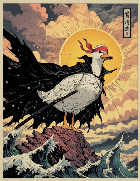 masterpiece, best quality, amazing quality, very aesthetic, absurdres,no humans, from below, high up, in the style of cksc,dark_comic_fantasy_noir,emphasis lines,traditional japanese art
, white duck on a cliff, mean look, v-shaped eyebrows,puffed chest,imposing,long red headband,sideways glance, looking to the side, profile, sheathed katana, sheath, torn black cape,wings
, cloudy, dramatic lighting, cliff, waves crashing,dim lighting,windy, pink falling petals
, <lora:ck-shadow-circuit-IL:1> <lora:dark_comic_fantasy_noir_illustriousXL:0.6>  <lora:traditional_japanese_art_illustriousXL:0.6>