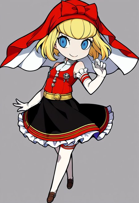 score_9, score_8_up, score_7_up, source_anime, BREAK, solo, 1girl, smile, looking at viewer, <lora:PQ-Style-pdxl_Fp:1>, simple background, full body, chibi, standing, <lora:Idun-pdxl-DoRA_Fp:1>, idunnsmt, short hair, blonde hair, blue eyes, veil, red bow, red dress, vest, frilled skirt, white gloves, elbow gloves, white thighhighs, bare shoulders, miniskirt, black skirt,