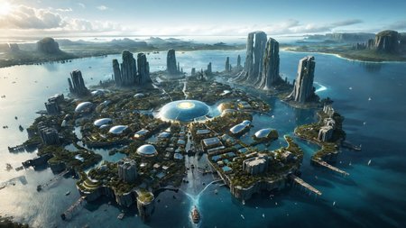 photorealistic, detailed digital illustration of a futuristic floating city in the middle of the ocean, <lora:xl_more_art-full_v1:0.4>, Dramatically lit, <lora:EnvyPanoramaXL01:0.8>, <lora:sdxlaarg_aerial:0.8> archiaerialview, <lora:PE_EpicLand:0.7> PEEpicLand, <lora:Arcane_Ruins_XL:0.7> arcane ruins