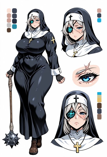 masterpiece, best quality,
(multiple views:1.1), reference sheet, (color guide:1.2),
1girl, full body, face close-up, 
looking at viewer, 
mature female, large breasts, muscular, curvy, 
grey hair, blue eyes, 
eyepatch, scar on face, 
nun, habit,skindentation, crucifix, spiked mace, 
simple background, white background, 
<lora:CharacterDesignIllustrious_Concept:1> CharacterDesignIllustrious,
 <lora:Neromashin_Style_SKNSFW:0.7> Neromashin_Style_SKNSFW,