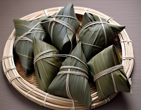A Chinese-style mazon (zongzi), wrapped and hung, possibly with bamboo leaves or other traditional materials. The wrapping is neat and secure, and the hanging arrangement adds a touch of authenticity, often seen in traditional preparation or display. The setting could be a kitchen, market stall, or cultural festival, with related elements that enhance the cultural context. The scene should be as realistic as a high-resolution photograph, with natural and inviting lighting that highlights the details of the mazon and the texture of the wrapping.<lora:mazon:0.65> ,rope