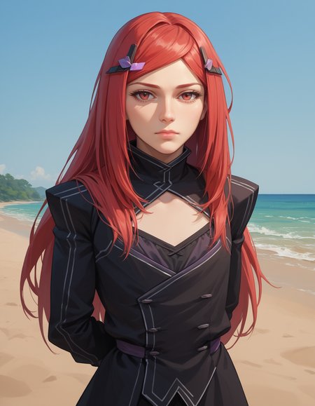 score_9, score_8_up, score_7_up,score_6_up  source_anime,
mature female, nalo, flat chest, 1girl, long hair, red eyes, red hair,  looking at viewer, small breasts, closed mouth, hairclip, black dress,looking at viewer, outdoors,upper body, arms behind back, beach
<lora:night angel _(last origin)-cybersleuth-PonyXL rex:1>