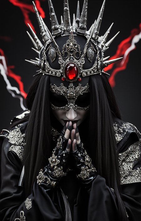 digital artwork depicting a gothic, surreal scene featuring a mysterious, androgynous figure adorned in dark, elaborate attire. The figure has long, flowing black hair and is wearing an ornate, spiked crown that radiates a sinister aura. The crown is adorned with sharp, metallic spikes and a central red gem, which adds a striking contrast to the dark, ominous tones of the image. The figure's face is partially obscured by the crown and a black mask that covers their eyes, giving them a haunting, enigmatic appearance., 
The figure's hands are adorned with black, leather-like gloves that have intricate designs and metallic accents, enhancing the gothic aesthetic. They are clasping their hands together in a gesture that suggests both power and vulnerability. The background is a dark, almost black, with red and white streaks that create a sense of movement and energy, adding to the intense, otherworldly atmosphere. The textures of the clothing and accessories are highly detailed, with a glossy, almost metallic sheen that contrasts with the soft, flowing fabric of the figure's attire. The overall composition is dramatic and intense, with a focus on dark, gothic elements and a sense of mystery., <lora:aidmaImageUpraderv0.3:0.4>, aidmaimageupgrader, <lora:diffusion_pytorch_model:1>, <lora:aidmaMJ6.1_v0.5_3:0.7>, aidmaMJ6.1, ultra quality, ultra detailed, intricate details
