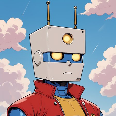 Score_9, score_8_up, score_7_up, score_6_up, BREAK  <lora:Retro_Anime_Flat_ColorsPony:1> ArsMJStyle, Retro Anime Flat Colors, The image is an illustration of a robot with a blue body and a red cape. The robot has a square head with two antennas on top and two round eyes in the center. The eyes are yellow and appear to be glowing. The background is a light blue sky with white clouds. The overall style of the illustration is cartoon-like and the robot appears to be standing in front of a blue sky., robot, sky, solo, cloud, mecha, 1boy, jacket, no humans, yellow eyes, red jacket