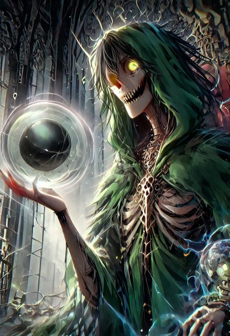 quality, intricate details, Mystical light. Fog. The feminine mage's appearance: evil and mystical, with spiky robes that seem made of green cloth with golden stitches. hud_cryst4l_b4ll, glowing, crystal ball, orb, upper body, table,, a ball in one hand and mysterious goat skull in another hand, Rubies, symbolizing their magical power. Glow. a dark evil gaze that hints at their ancient knowledge and mystical prowess. alchemical laboratory, blending the natural with the magical, Soft natural lighting, High Definition HD, High Detail, Perfect Composition, gothic horror film photography style, light grain,cry5t415ku11, orbstaff