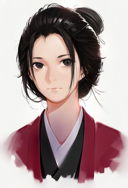 solo, 1girl, white background, simple background, hair bun, single hair bun, closed mouth, black hair, japanese clothes, looking at viewer, kimono, black eyes, portrait, upper body, brown eyes <lora:solaXL_NBVP1_lokr_V6311P:0.95>