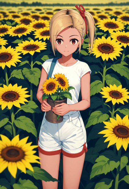 source_anime, score_9, score_8_up, score_7_up, score_6_up, score_5_up, score_4_up, 1 girl, solo, <lora:Chinami_Chosokabe_from_LiL_PonyXL:0.8>, chinami, dark-skinned female,side ponytail, shorts, white shorts,, \rtf1,(In the Sunflower field, Taking a pottery class),