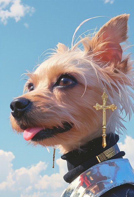 A hyper-detailed, avant-garde photograph featuring a striking Yorkshire Terrier named Allab with pale light brown fur, set against a serene, clear blue sky. The close-up shot accentuates the impeccable texture of its coat, enhanced by iridescent striped markings that stretch elegantly from one side of its face to the other, adding an artistic flair. Allab's eyes are mesmerizing, accented by shimmering metallic details that complement a bold, deep red color on its muzzle, creating a dramatic contrast with the pale fur. Large, intricately designed golden ear accessories shaped like Christian Holy Crosses gleam as they catch the light, contributing to Allab’s modern, sophisticated allure. The dog wears sleek, metallic urban Buddhist monk attire with a turtleneck that underscores its avant-garde aesthetic. The reflective surfaces of both the accessories and outfit interact dynamically with the environment, amplifying Allab’s futuristic presence. The minimalist background keeps the focus on this striking fashion-forward scene, captured with a Sony A7R IV camera and a 50mm f/1.2 G Master lens for an editorial-style shot. This composition merges contemporary fashion and minimalist elegance, drawing inspiration from avant-garde photographers like Sølve Sundsbø and blending mythp0rt and niji_flux styles into a high-fashion visual narrative.