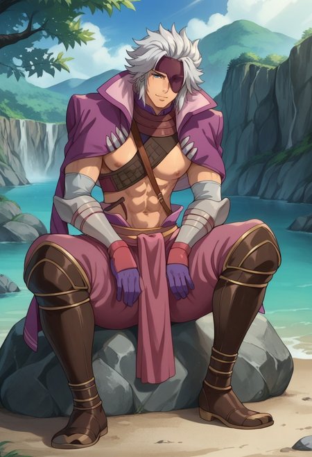 score_9, score_8_up, score_7_up, source_anime, highly detailed, 

Motochika, 1boy, male focus, solo, grey hair, aged up, medium hair,, blue eyes, eyepatch, jacket, purple jacket, jacket over shoulders, arm armor, gloves, abs, belt, shoulder belt, pants, boots, knee boots, brown footwear,

outdoor, sit, rock, sit on rock,