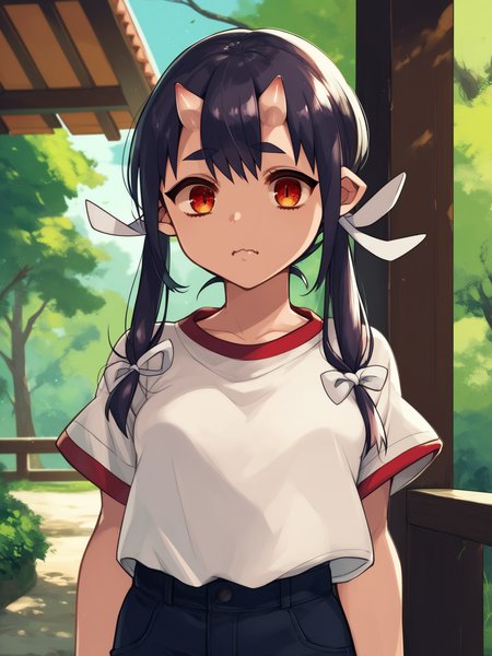 <lora:happy_tentacle-momiji-v0.1-000024:1>, ht_momiji, hair ribbon, small breasts, shirt, pants , outdoors 1girl, solo, upper body , , ((wavy mouth:0.8) :1.2), , looking at viewer , standing , facing viewer , score_9, score_8_up, score_7_up, score_6_up, score_5_up, score_4_up