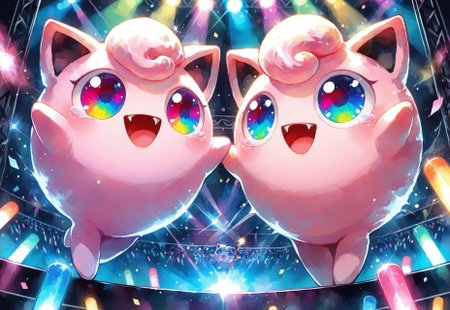 masterpiece,best quality,amazing quality, zzJigs, , FMIXFT,  radiant details, rdf02, 2girls, duo, pair, multicolored eyes, hands up, on stage, :d, fangs,