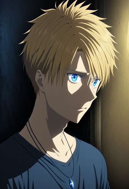 high resolution, solo, best quality, 1Boy, Yamato Ishida, Blond Hair, Blue Eyes, Necklace, existential longing, OverallDetail