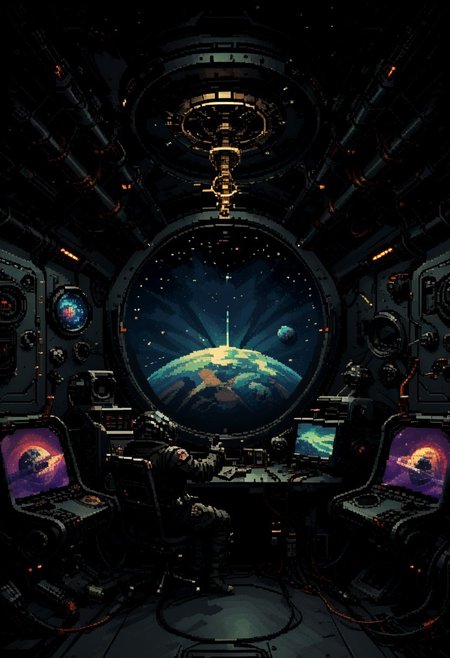 score_9, score_8_up, score_7_up, yamer_pixel_fusion, pixel art, space ship, interior, retro futuristic, atompunk, hyper-detailed, scifi, lofi, d3p1x3l, pixel art