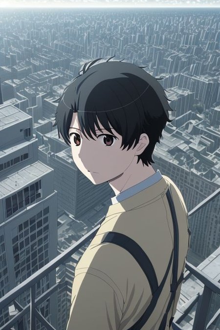 high resolution, solo, best quality, 1Boy, Inaho Kaizuka, Black Hair, high-rise, top of building, landscape, shallow depth of field, OverallDetail