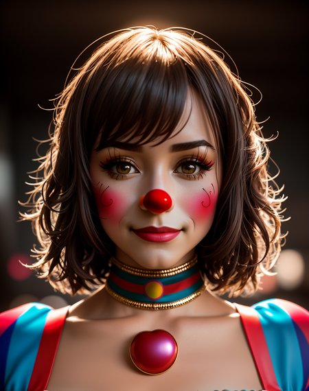 Masterpiece, high quality, 4K, beautiful design, shiny, from the front, award winning photo, extremely detailed, amazing, fine detail, absurdres, highly detailed woman, extremely detailed eyes and face, by lee jeffries nikon d850 film stock photograph 4 kodak portra 400 camera f1.6 lens rich colors hyper realistic lifelike texture dramatic lighting unrealengine trending on artstation cinestill 800 tungsten, solo, 1girl, smiling, excited,sexy,
 <lora:Clussy:0.8>, clussy, a woman dressed in a costume with a clown face , wearing clussy, red clown nose