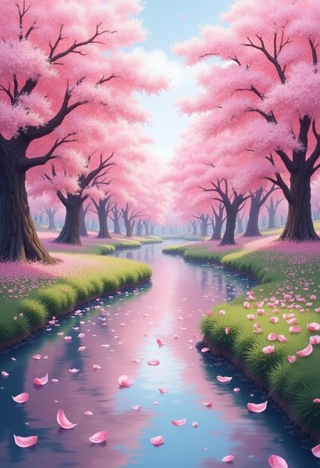 A serene cherry blossom park in full bloom with petals gently falling into a meandering stream.