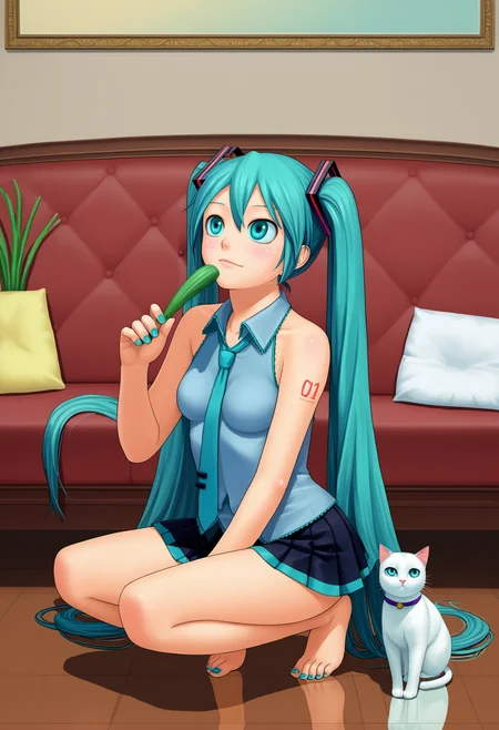 score_9, best quality, masterpiece, uncensored, source_anime
BREAK
score_9, source_anime, hachune miku, hatsune miku, 00s, 1girl, animal, animal on head, aqua eyes, aqua hair, aqua nails, bare legs, bare shoulders, barefoot, bow, breasts, casual, cat, cat on head, cat teaser, collarbone, couch, feet, fingernails, floor, hair bow, hair ribbon, indoors, long hair, looking up, miniskirt, nail polish, necktie, o o, on head, reflection, ribbon, skirt, small breasts, solo, spring onion, squatting, toenail polish, toenails, toes, twintails, very long hair
<lora:lasterk_pony_v1:1>