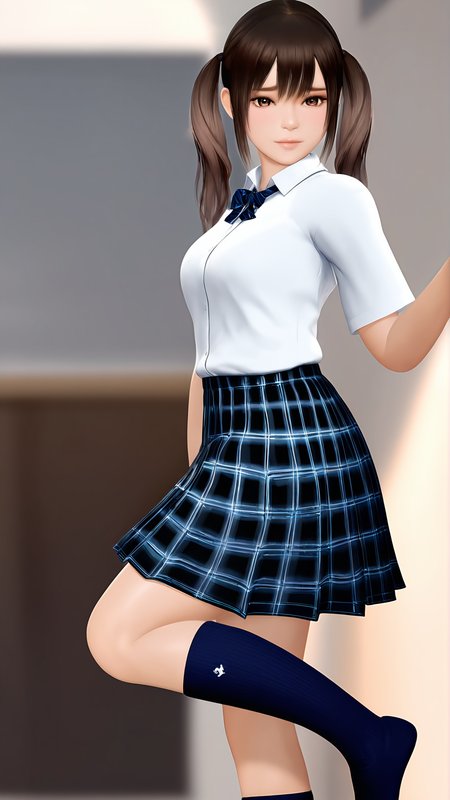 amazing quality,absurdres,best quality,masterpiece,highres,newest,detailed,detailed body,detailed face,solo,3d,realistic, 
3ribishoujo,1girl,school uniform,skirt,socks,brown hair,brown eyes,plaid skirt,kneehighs,<lora:3ribishoujo:0.85>,