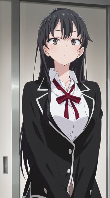 <lora:Oregairu:1> OregairuStyle
1girl,solo,
<lora:Anna_Yamada_The_Dangers_in_My_Heart_-_Illustrious_V2:0.75> 1girl, solo, long hair, black hair, brown eyes, mole on neck, multiple moles on neck, bangs, large breasts,
"yahari ore no seishun lovecome wa machigatteiru", school uniform, tie, red ribbon, black jacket,
tall, skirt,
masterpiece,best quality,amazing quality,  
looking at viewer,