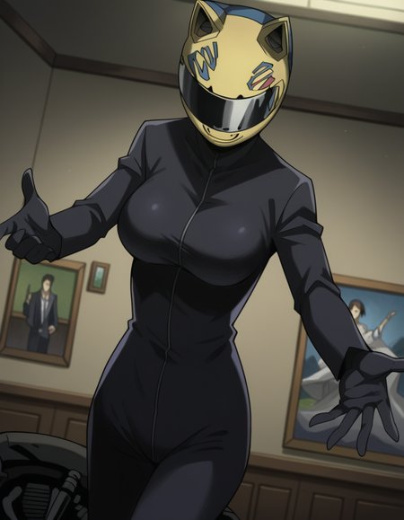 score_9, score_8_up, score_7_up, source_anime, <lora:celty-sturluson-s1-ponyxl-lora-nochekaiser:1>, celty sturluson, animal ears, cat ears, helmet, motorcycle helmet, large breasts,, bodysuit, skin tight, black bodysuit, cleavage, museum, art exhibit, paintings, observing, quiet contemplation, cultural experience, smile, , hand reaching out, solo,, cowboy shot, dutch angle