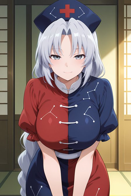 absurdres, highres, masterpiece, best quality, amazing quality, official anime artwork, screencap, anime screencap, indoors, looking at viewer, light smile, 
 <lora:Eirin-Yagokoro_Illustrious:1> yagokoro eirin, 1girl, solo, grey eyes, grey hair, very long hair, braided ponytail,, nurse cap, constellation print, multicolored dress, red dress, blue dress, puffy short sleeves, frilled dress,