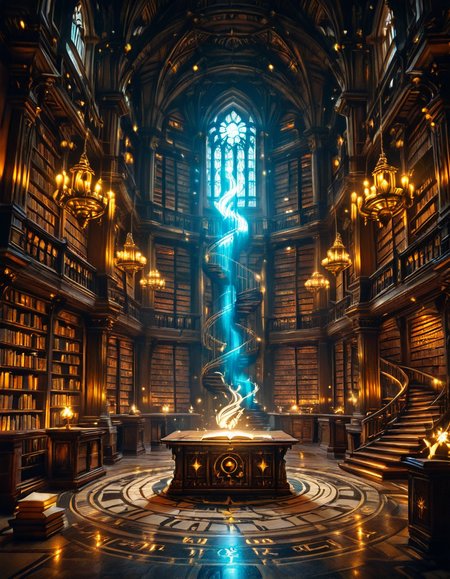 grand enchanted library filled with towering wooden bookshelves that stretch endlessly into the distance, packed with ancient, leather-bound books glowing with mystical runes. The atmosphere is illuminated by floating candles and ethereal blue and golden lights that hover in the air, casting a warm, magical glow. A spiral staircase made of dark oak winds upward, disappearing into the shadows of the high-vaulted ceiling adorned with intricate celestial carvings. Wisps of enchanted mist swirl around the floor, while some books levitate gently from shelf to shelf, as if guided by an unseen force. The air shimmers with dust particles suspended in soft, golden light filtering through stained glass windows, depicting mythical creatures and arcane symbols. The scene is rich in deep, warm tones of mahogany, gold, and sapphire, evoking a sense of wonder, mystery, and timeless knowledge. The image is highly detailed and photorealistic, capturing the textures of the aged books, the glow of magical elements, and the enchanting stillness of this mystical sanctuary of wisdom.
<lora:SDXLFaeTastic2400:0.4> <lora:extremely_detailed:0.4> extremely detailed,<lora:3nch4nt3d_l1br4ry-ill:1>,3nch4nt3d l1br4ry, Masterpiece,best quality,hi res,8k,hi res,8k,award winning,(sharp focus, intricate, highly detailed),