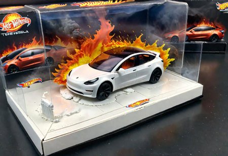 Hot Wheels toy car company have made a toy car version of a Tesla Model 3, The toy telsa model 3 car comes in a mini display unit/box. The car is exploding into fire and flames, white smoke fills the top of the display box, (realistic explosion from car), (realistic Flames bellow from the car windows inside the display unit),  (standing next to the car is a little palstic toy man, he holds both arms in the air,