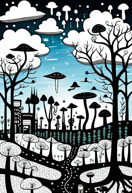 <lora:ink_ahuizotl_sdxl_v1:1.0>, ink_ahuizotl, drawing, an illustration of a futuristic city surrounded by trees and mushrooms, with a blue sky and white clouds in the illustration is done in adobe illustrator
