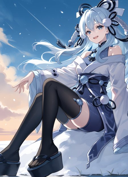 (score_9:0.9),score_8_up,score_7_up,rating_safe,(zPDXL3),(zPDXL),
masterpiece,intricate details,anime,4k,best quality,anime style,
<lora:Yuki-Onna, the Absolute Zero Mayakashi ponyXL v1:0.76>,winter,blue theme,
yuki-onna the absolute zero mayakashi,1girl,solo,white japanese clothes,looking at viewer,sky,black platform footwear,sitting,smile,open mouth,black thighhighs,full body,black hair ribbon,blue bodysuit,cyan chest jewel,from side,