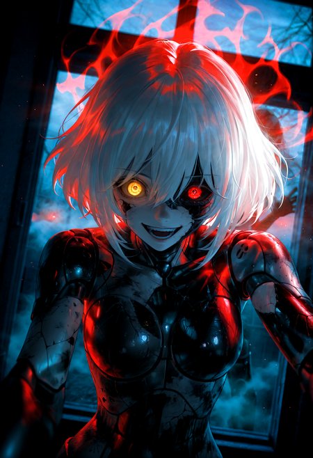 HDR, 8K, high contrast, masterpiece, best quality, amazing quality, very aesthetic, superabsurd res, high resolution, ultra-detailed, absurdres, newest, scenery, (horikoshi kouhei:0.3), (quasarcake:0.3), (wlop:0.3), light rays, chiaroscuro, dynamic angle, wide angle, from above, dutch angle, 1girl, android, cyborg, damaged, cracked skin, pale skin, white skin, colored skin, dirty, doll joints, cyborg, heterochromia, red eyes, yellow eyes, split theme, colored sclera, black sclera, short hair, (white hair), medium hair, bangs, hair between eyes, (powerful red aura), blood magic, half body portrait, posing, perfect hand, reaching, casting spell, looking at viewer, face focus, (crazy laugh, rape face), (wide smile:1.1), open mouth, teeth, (wide eyes, crazy eyes), crazy smile, dim lighting, dark room, night time, window, fog, partially illuminated, (backlighting), Intricately designed, Mysterious Shadows, BREAK, photorealistic, beautiful detailed eyes, detailed skin, detailed hair, volumetric lighting, dappled light, light particles, dramatic shadows, cinematic lighting, photo background, depth of field, <lora:ponyxl\cfg_scale_boost:0.8> <lora:IL\KMS_FTS_A.D.A._IL-000007:0.8>