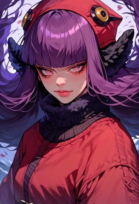 score_9, score_8_up, score_7_up, y0tt4, 1girl, solo,  
mohshuvuusmt, hat, purple hair, long hair, blunt bangs, coat, fur trim,