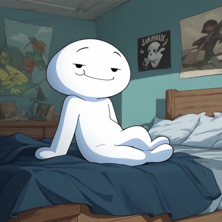<lora:JamesOddballsv1.0:0.8> Expressiveh, (zPDXL2), score_9, score_8_up, score_7_up, source_cartoon, james_oddballs, 1boy, solo, short, white skin BREAK full body, raised eyebrows, dot eyes, looking at viewer, narrowed eyes, smile, arms at sides, sitting on bed BREAK cel shading, james bedroom, indoors, night, bed, pillow, poster \(object\)