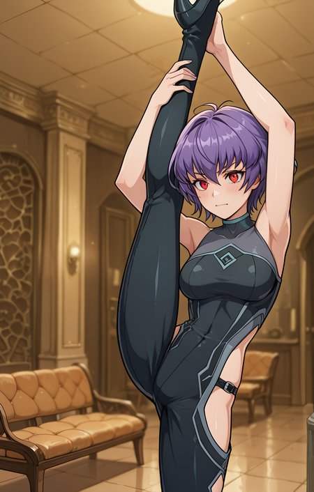 saga elements <lora:Akabur_IllustriousV1:0.729559609629427>akaburstyle <lora:ILDOAAyane:0.9442855282687873>DOAAyane,purple hair,red eyes,short hair,<lora:pole-dancing-standing-split-ponyxl-lora-nochekaiser:0.8426835044407004>pole dancing,standing split,leg up,standing,split,standing on one leg,pole,stripper pole,holding pole,arms up,competently detailed,highly detailed,sharp focus,zPDXL3 zPDXLxxx sharp_LASCALAE,ultra sharp focus,<lora:500SharpCivitai_Lascalae:0.4783284754937406> sweet exquisite ððð perfect ððð talented artist >>>>>>>> impressive nice secretly enjoying awesome pic ðð spectacular ð BREAK <lora:zy_Detailed_Backgrounds_v1:0.48343686484836934> immersive background dynamic detailed background rich park bench in full daylight