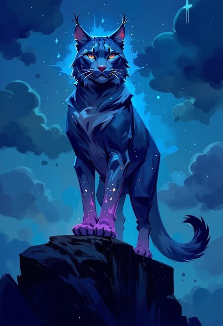 Vector art, A majestic, magical lynx stands atop a rugged, misty cliff, its powerful form framed against a twilight sky. The lynx faces the viewer directly, its piercing eyes glowing with an intense, mystical light that radiates hues of deep sapphire and icy silver. Its fur glistens with an ethereal shimmer, streaked with hints of iridescent blue and violet, each strand glowing faintly as if woven with magic. illuminate along its muscular frame, pulsing in rhythm with the energy that seems to flow from its being. masterpiece, award winning,, best quality, masterpiece