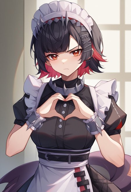 score_9, score_8_up, score_7_up, score_6_up, source_anime BREAK 
1girl, solo, ellenjoe, <lora:ellen-joe-ponyxl-lora-nochekaiser:1>, ellen joe, black hair, colored inner hair, multicolored hair, red eyes, red hair, short hair, two-tone hair, apron, black pantyhose, black shirt, black skirt, ear piercing, fins, fish tail, maid, maid apron, maid headdress, pantyhose, piercing, puffy short sleeves, puffy sleeves, shark girl, shark tail, shirt, short sleeves, skirt, tail, two-tone hair, wrist cuffs, upper body, heart shaped hands, annoyed, lolipop stick in mouth, closed mouth, shadowed face