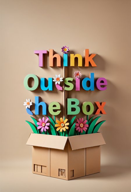 DonMC4rdB04rdXL cardboard text "Think Outside the Box", flower style, dynamic composition, dramatic bright colors, cinematic, detailed, extremely complex, colorful, surreal, beautiful, sharp focus, highly detail, intricate, elegant, futuristic, open color, artistic, professional, winning, new, creative, positive, cute, friendly, unique, cool, awesome