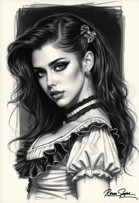 Sketch of a beautiful busty girl R33M with hairclip and ruffle shirt, long wavy hair, illustrative art, detailed, elegant
