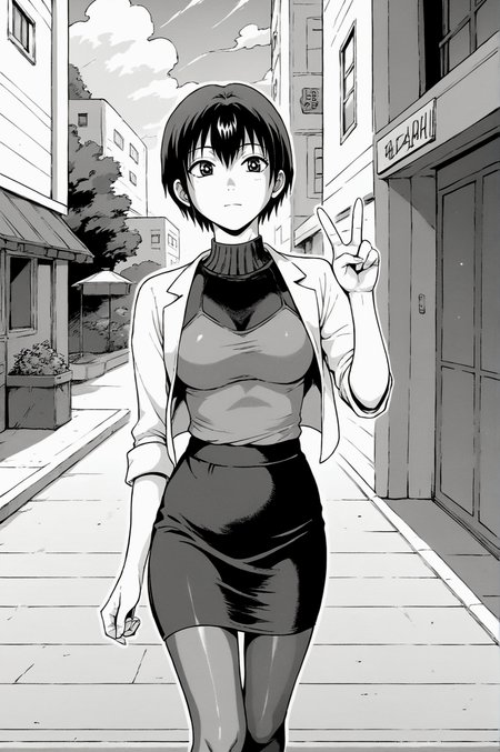 score_9, score_8_up, score_7_up, monochrome, manga_source, best background, detailed background, manga, grayscale  Kaguya, Dating Dressing, solo, outdoors, v fingers, victory fingers,  <lora:JN_Shizuku_Kaguya:0.8>